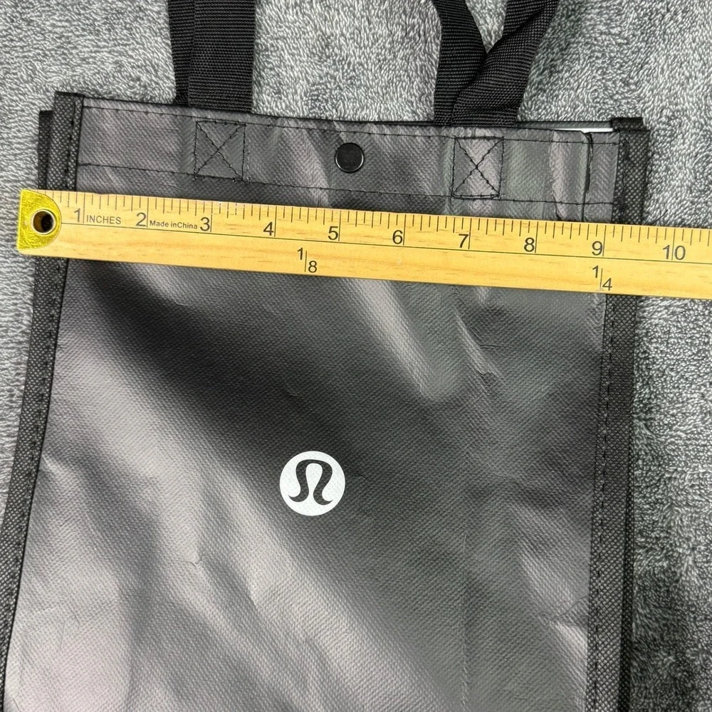 Lululemon Small Reusable Shopping Tote Bag Black White Logo Snap Closure